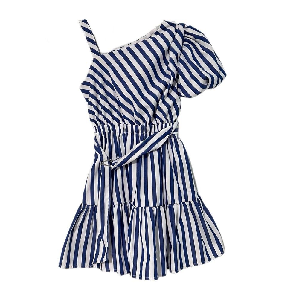 Habitual Dress Girls Size 7/8 Blue Striped Ballon Sleeve Lined Belted Coastal